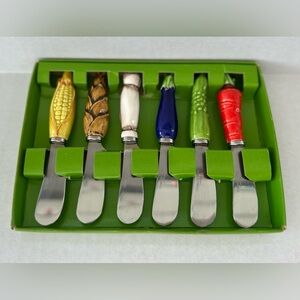 Vintage Stainless Steel Cheese Spreaders With Ceramic Vegetable Handle
